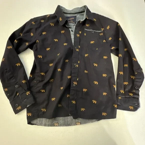 Nomad Little Boys long Sleeve Button Down Bear embroidered shirt Size 6 L - Picture 8 of 8
